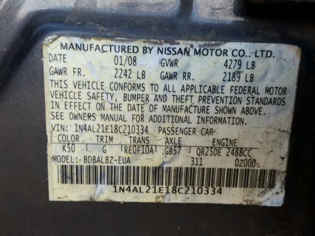 1N4AL21E18C210334 - 2008 NISSAN ALTIMA 2.5 BLACK photo 10