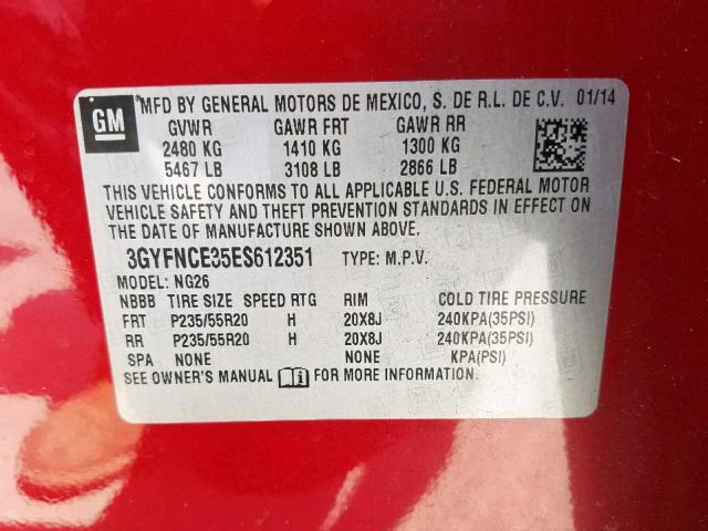 3GYFNCE35ES612351 - 2014 CADILLAC SRX PERFOR RED photo 10