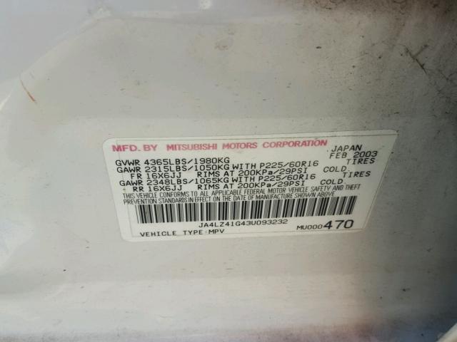 JA4LZ41G43U093232 - 2003 MITSUBISHI OUTLANDER WHITE photo 10