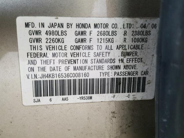 JH4KB16536C008160 - 2006 ACURA RL GOLD photo 10