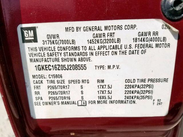 1GKEC16Z05J208555 - 2005 GMC YUKON XL C MAROON photo 10