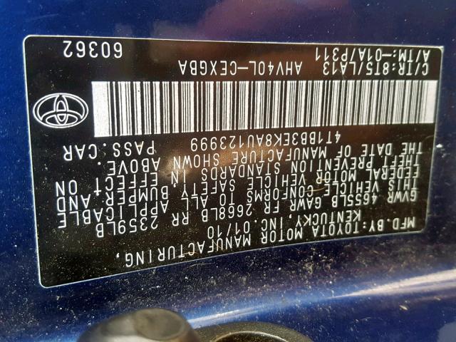 4T1BB3EK8AU123999 - 2010 TOYOTA CAMRY HYBR BLUE photo 10