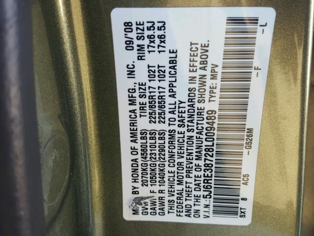 5J6RE38728L009489 - 2008 HONDA CR-V EXL GREEN photo 10