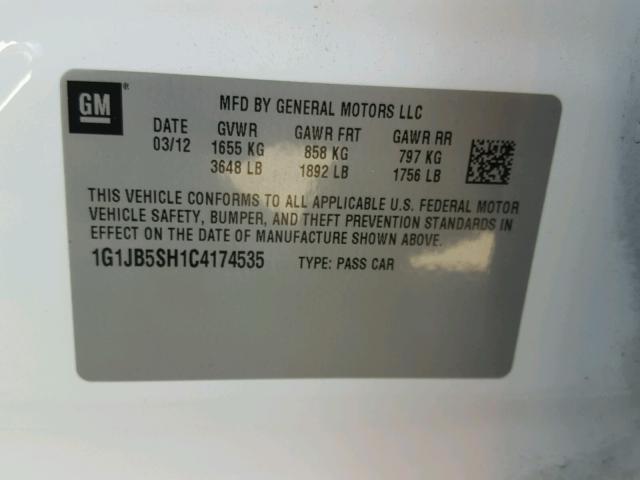 1G1JB5SH1C4174535 - 2012 CHEVROLET SONIC LS 白色 照片 10