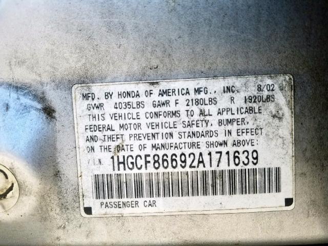 1HGCF86692A171639 - 2002 HONDA ACCORD VAL SILVER photo 10