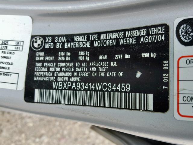 WBXPA93414WC34459 - 2004 BMW X3 3.0I SILVER photo 10