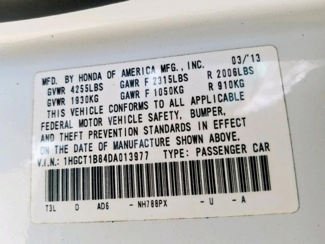 1HGCT1B84DA013977 - 2013 HONDA ACCORD EXL WHITE photo 10