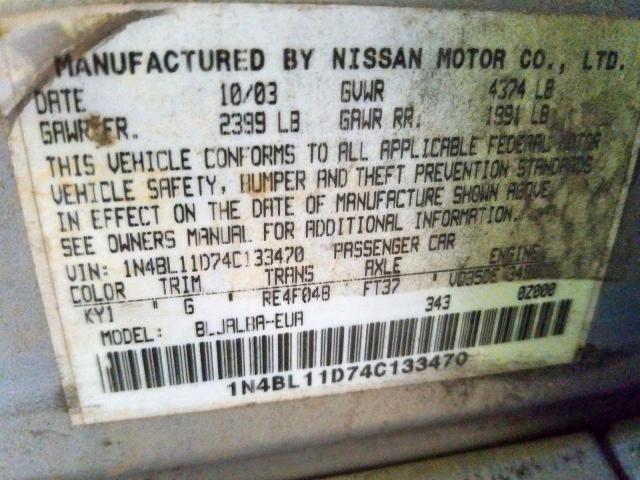 1N4BL11D74C133470 - 2004 NISSAN ALTIMA SE SILVER photo 10