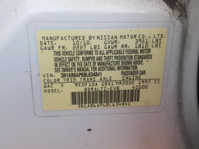 3N1AB6AP6BL634841 - 2011 NISSAN SENTRA 2.0 WHITE photo 10