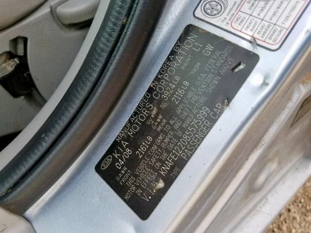 KNAFE122085575999 - 2008 KIA SPECTRA EX SILVER photo 10