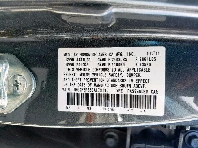 1HGCP2F86BA079190 - 2011 HONDA ACCORD EXL GRAY photo 10