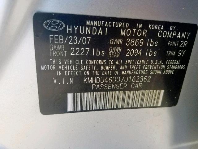 KMHDU46D07U162362 - 2007 HYUNDAI ELANTRA GL SILVER photo 10