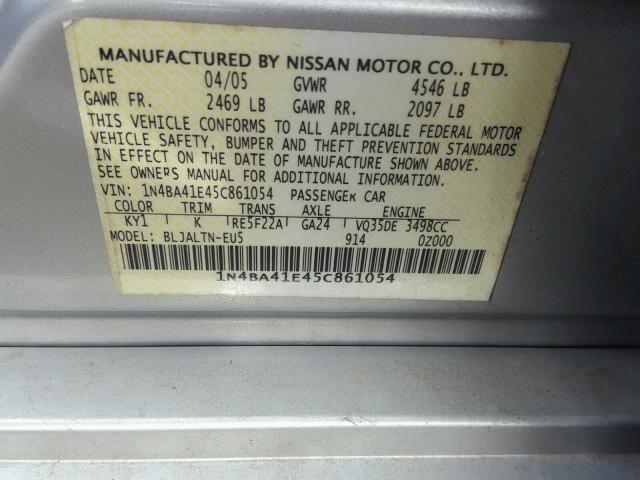 1N4BA41E45C861054 - 2005 NISSAN MAXIMA SE SILVER photo 10