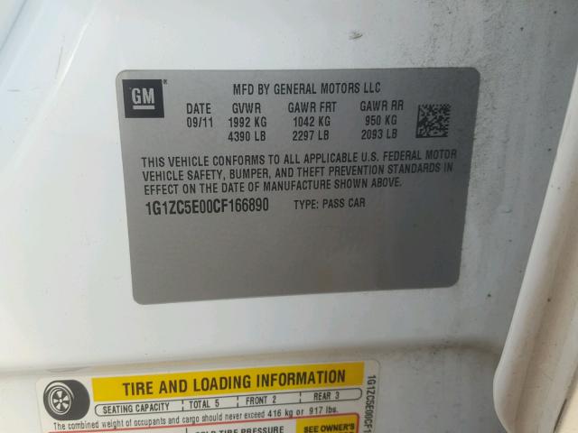 1G1ZC5E00CF166890 - 2012 CHEVROLET MALIBU 1LT WHITE photo 10