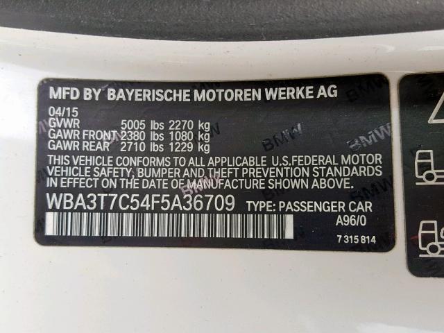 WBA3T7C54F5A36709 - 2015 BMW 435 XI WHITE photo 10