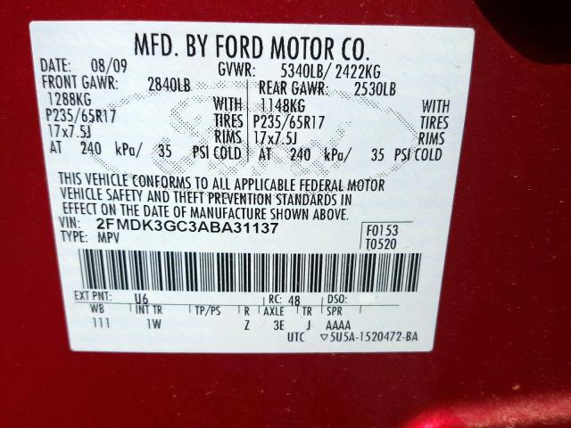 2FMDK3GC3ABA31137 - 2010 FORD EDGE SE RED photo 10