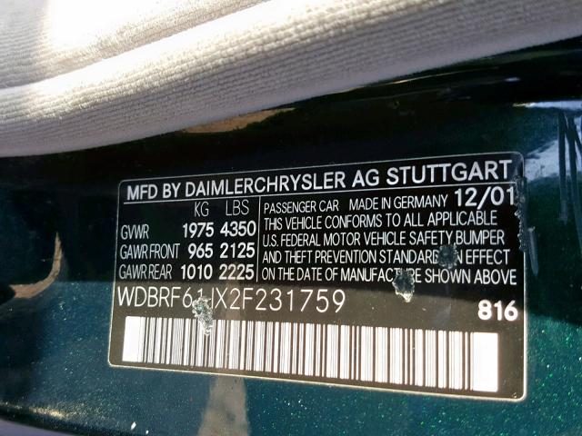 WDBRF61JX2F231759 - 2002 MERCEDES-BENZ C 240 GREEN photo 10