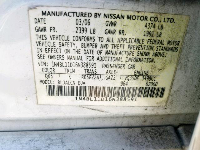 1N4BL11D16N388591 - 2006 NISSAN ALTIMA SE WHITE photo 10