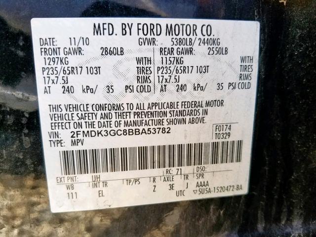 2FMDK3GC8BBA53782 - 2011 FORD EDGE SE BLACK photo 10