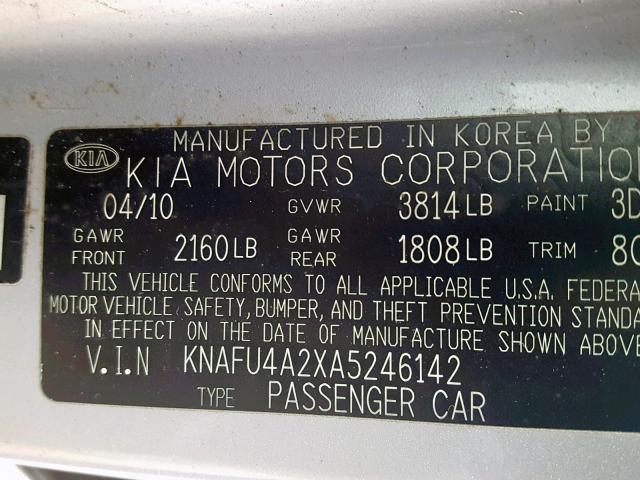 KNAFU4A2XA5246142 - 2010 KIA FORTE EX SILVER photo 10