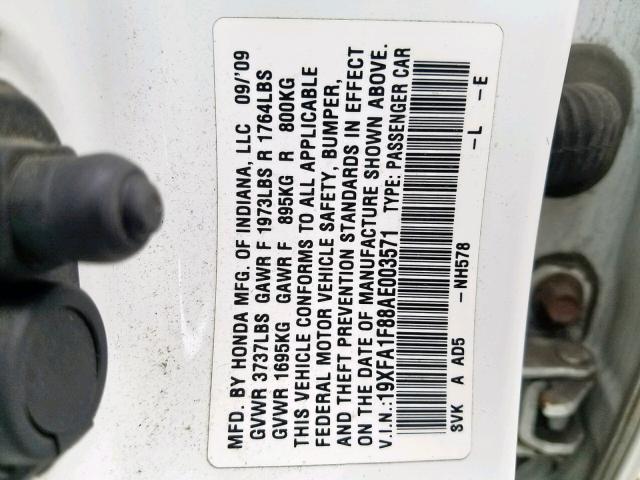 19XFA1F88AE003571 - 2010 HONDA CIVIC EX WHITE photo 10