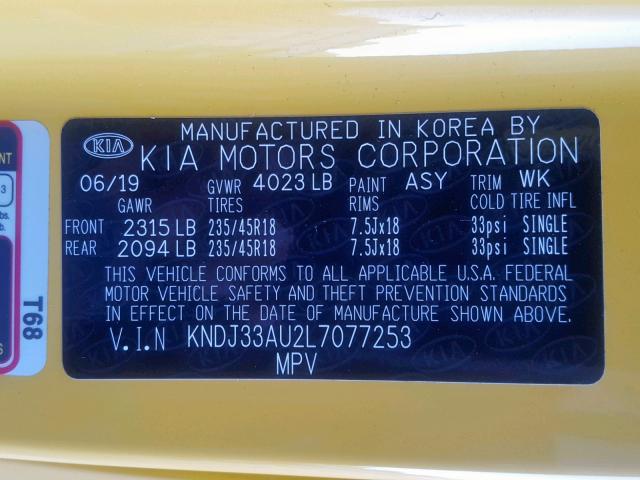 KNDJ33AU2L7077253 - 2020 KIA SOUL EX YELLOW photo 10