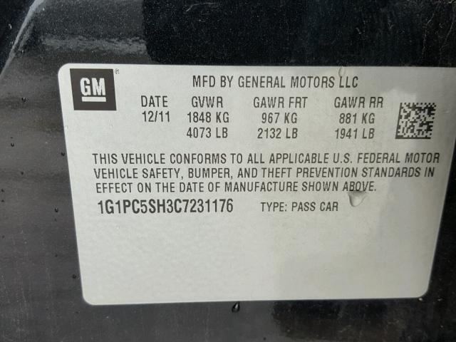 1G1PC5SH3C7231176 - 2012 CHEVROLET CRUZE LS BLACK photo 10