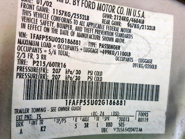 1FAFP55U02G186881 - 2002 FORD TAURUS SES SILVER photo 10