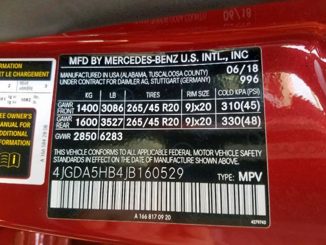 4JGDA5HB4JB160529 - 2018 MERCEDES-BENZ GLE 350 4M RED photo 10