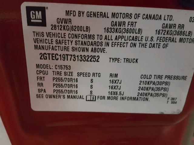 2GTEC19T731332252 - 2003 GMC NEW SIERRA RED photo 10