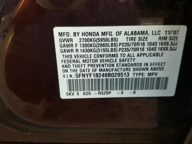 5FNYF18248B029513 - 2008 HONDA PILOT VP MAROON photo 10