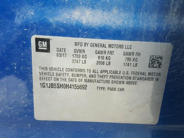 1G1JB5SH0H4155692 - 2017 CHEVROLET SONIC LS 蓝色 照片 10