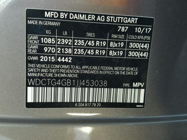 WDCTG4GB1JJ453038 - 2018 MERCEDES-BENZ GLA 250 4M GRAY photo 10