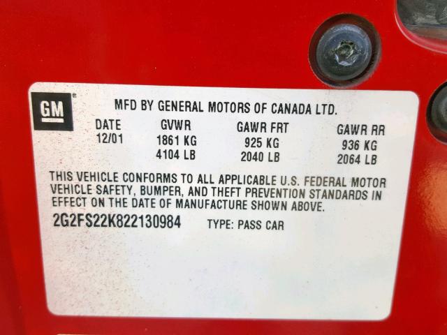 2G2FS22K822130984 - 2002 PONTIAC FIREBIRD RED photo 10