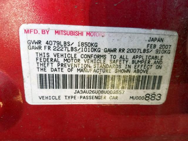 JA3AU26U08U002557 - 2008 MITSUBISHI LANCER ES RED photo 10