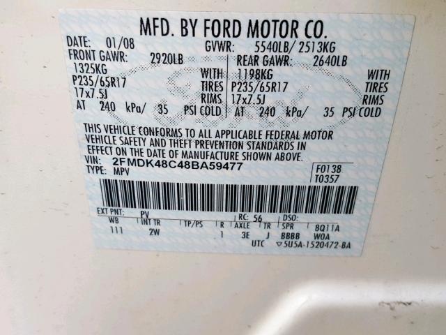 2FMDK48C48BA59477 - 2008 FORD EDGE SEL BLACK photo 10