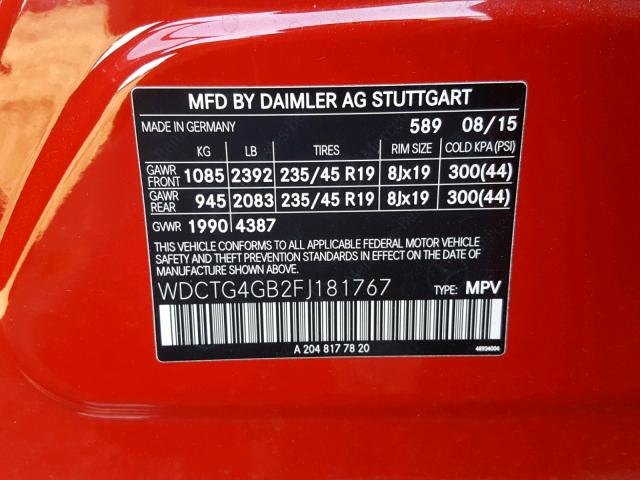 WDCTG4GB2FJ181767 - 2015 MERCEDES-BENZ GLA 250 4M RED photo 10