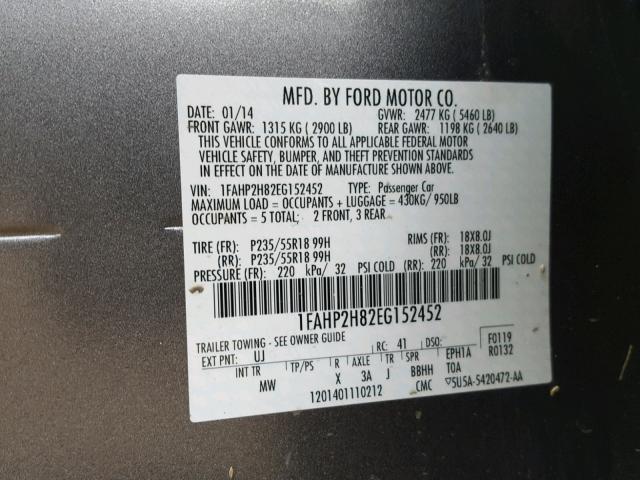 1FAHP2H82EG152452 - 2014 FORD TAURUS SEL GRAY photo 10