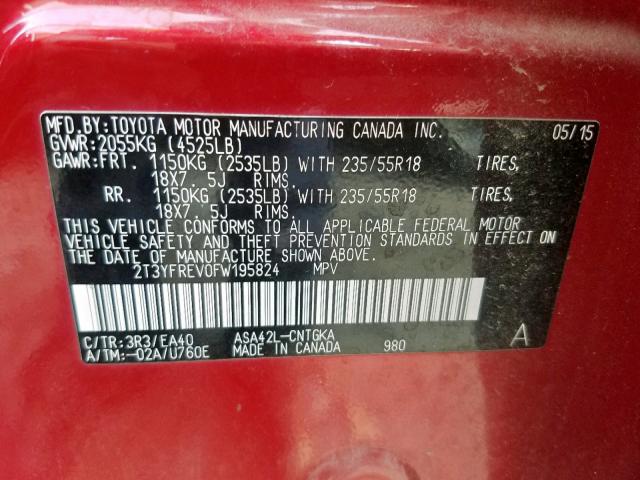 2T3YFREV0FW195824 - 2015 TOYOTA RAV4 LIMIT RED photo 10