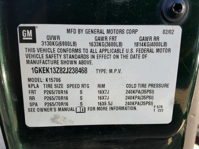 1GKEK13Z82J238468 - 2002 GMC YUKON GREEN photo 10