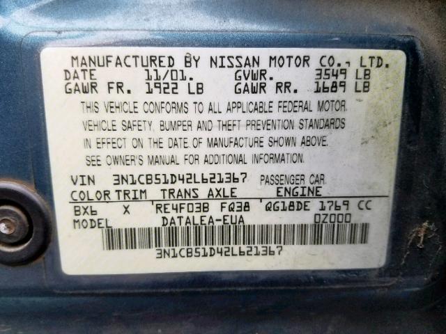 3N1CB51D42L621367 - 2002 NISSAN SENTRA XE BLUE photo 10