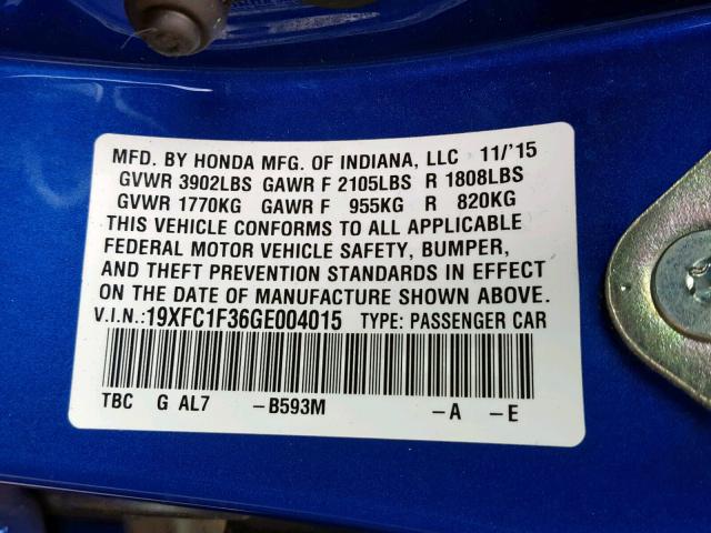 19XFC1F36GE004015 - 2016 HONDA CIVIC EX BLUE photo 10