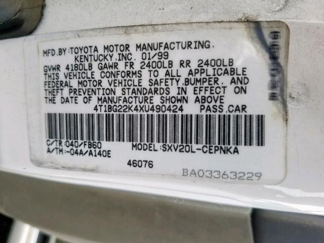 4T1BG22K4XU490424 - 1999 TOYOTA CAMRY CE WHITE photo 10