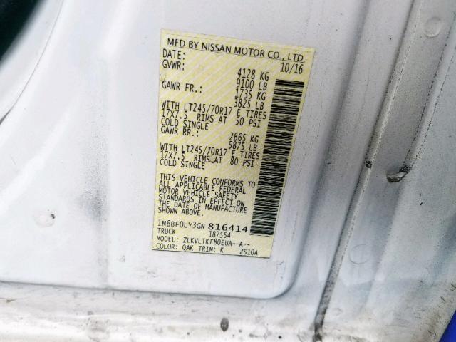 1N6BF0LY3GN816414 - 2016 NISSAN NV 2500 S WHITE photo 10
