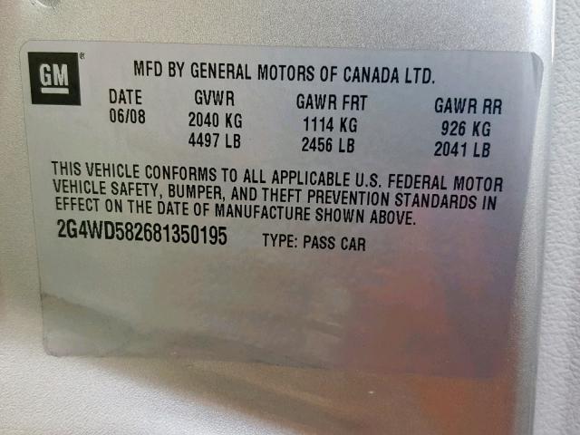 2G4WD582681350195 - 2008 BUICK LACROSSE C SILVER photo 10