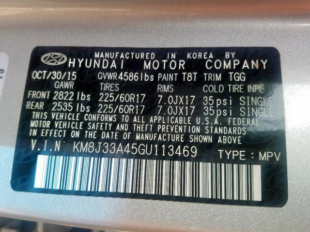 KM8J33A45GU113469 - 2016 HYUNDAI TUCSON LIM SILVER photo 10