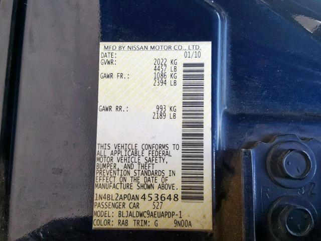 1N4BL2AP0AN453648 - 2010 NISSAN ALTIMA SR BLUE photo 10