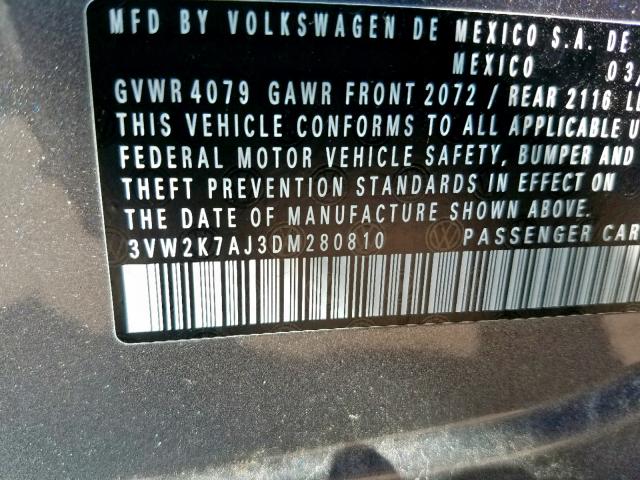 3VW2K7AJ3DM280810 - 2013 VOLKSWAGEN JETTA BASE 灰色 照片 10