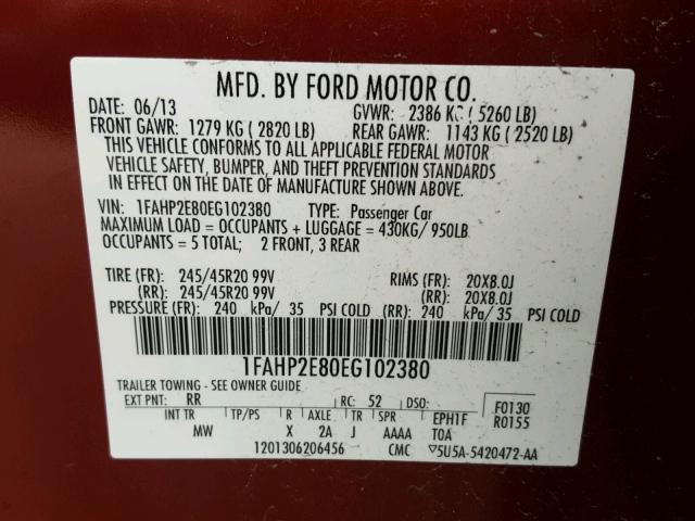 1FAHP2E80EG102380 - 2014 FORD TAURUS SEL RED photo 10