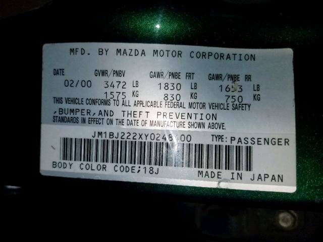 JM1BJ222XY0248400 - 2000 MAZDA PROTEGE DX GREEN photo 10